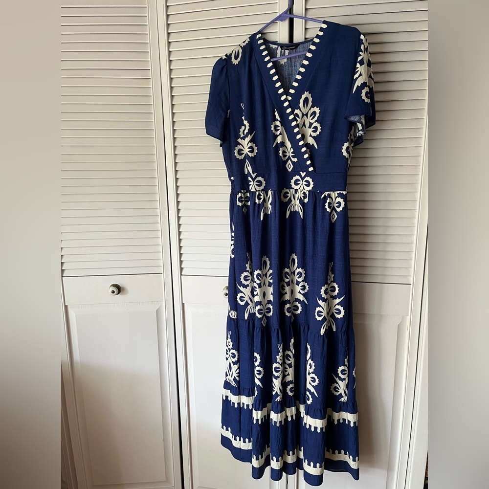 Blue and White V-Neck Flutter Sleeve Sundress